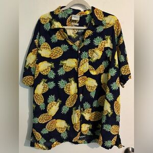 Rainforest Cafe Mens Sz L Short Sleeve Hawaiian Shirt Pineapple Navy Button Up